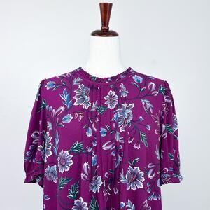 Ann Taylor LOFT Purple Floral Ruffle Pleated Short Puff Sleeve Blouse MEDIUM